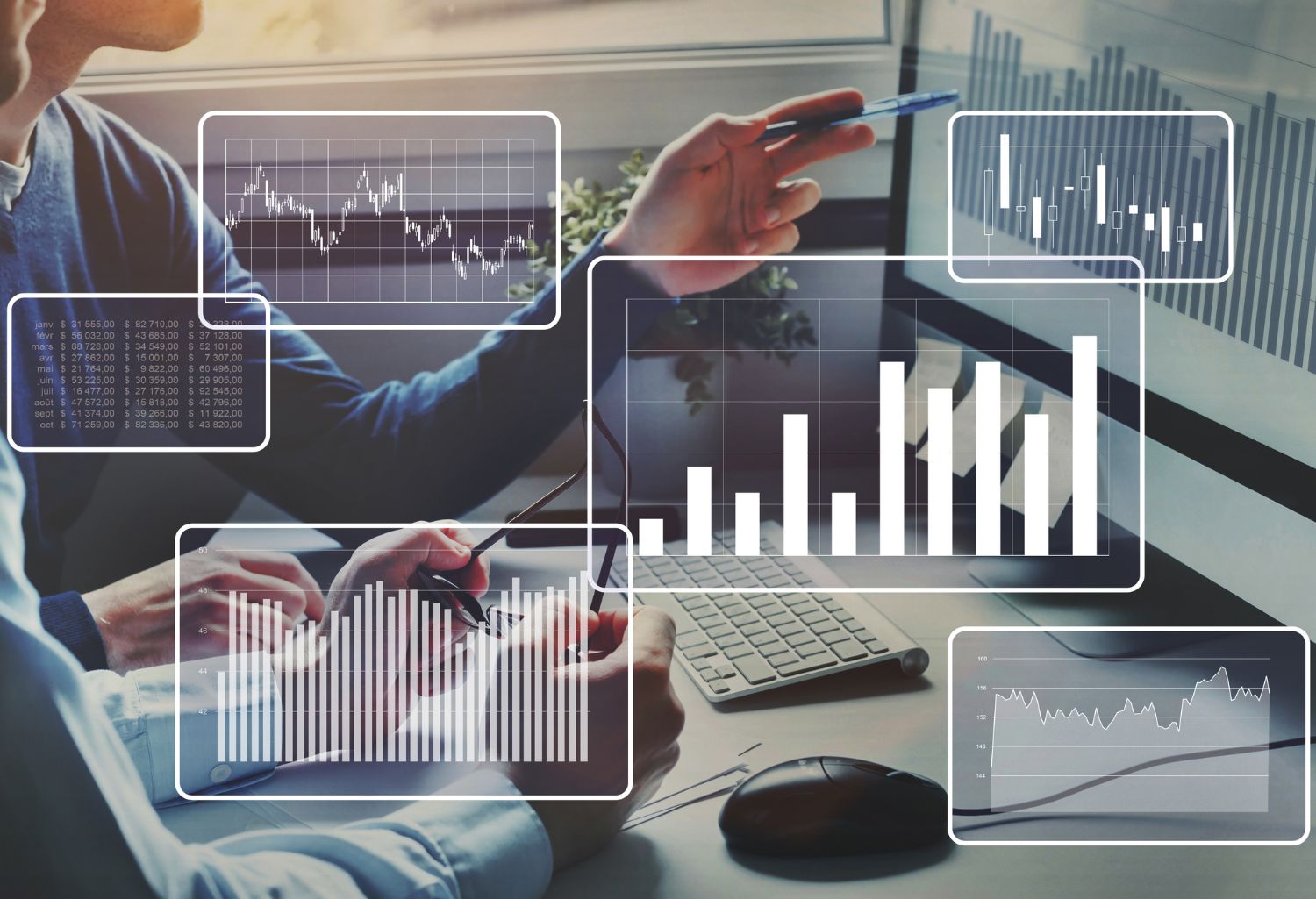 Big data analytics, financial charts, business team working on computer as background. Development and growth concept.